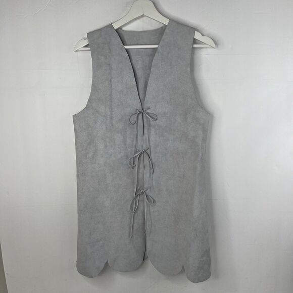 Vintage Size S Suede Vest Leather Tie Front Scallop Edge Gray Long Women's - Picture 2 of 7